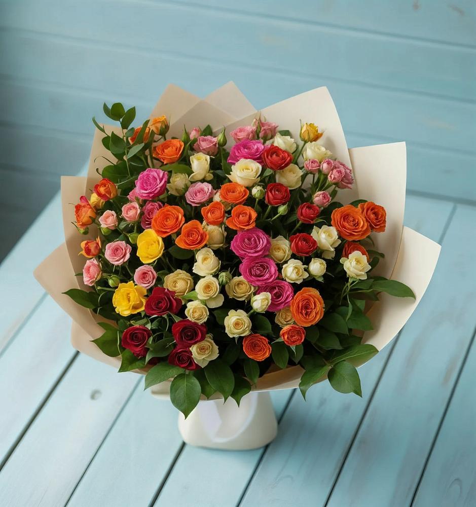 Букет Микс из разноцветных кустовых роз в Окуловке