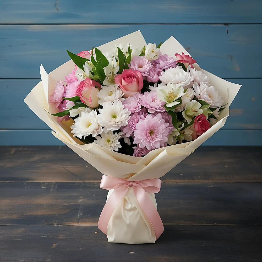 Букет цветов из: Хризантемы, Альстромерии и Розы в Окуловке